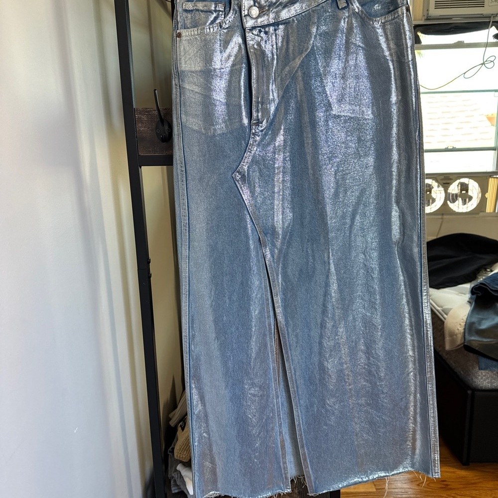 Zara Shiny Silver denim Metallic assymetrical Skirt xs